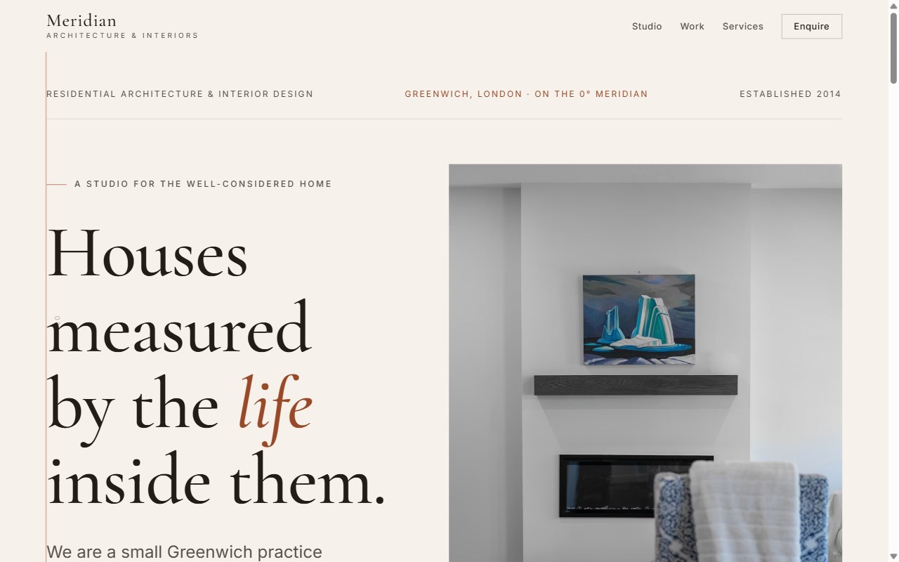 Meridian Studio homepage - an editorial architecture site with a serif headline and interior photography