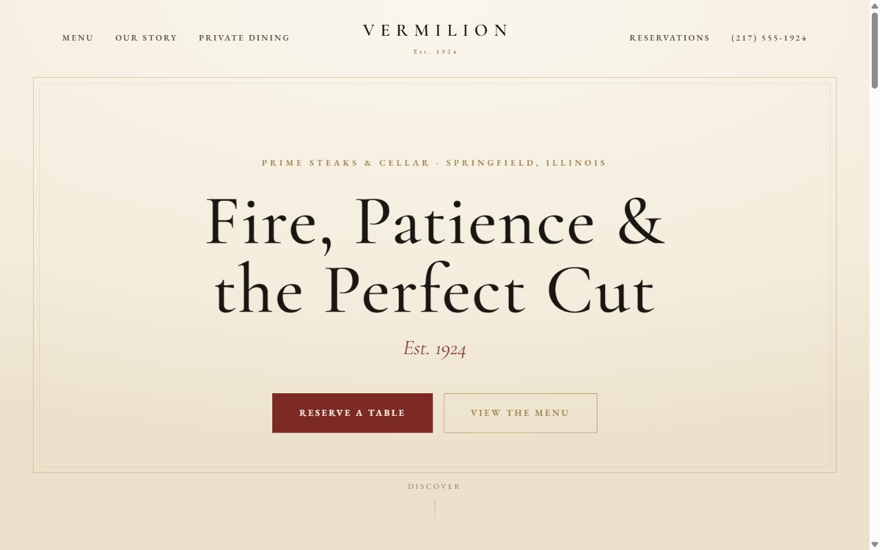 Vermilion homepage - a warm, classic steakhouse landing page with a serif headline