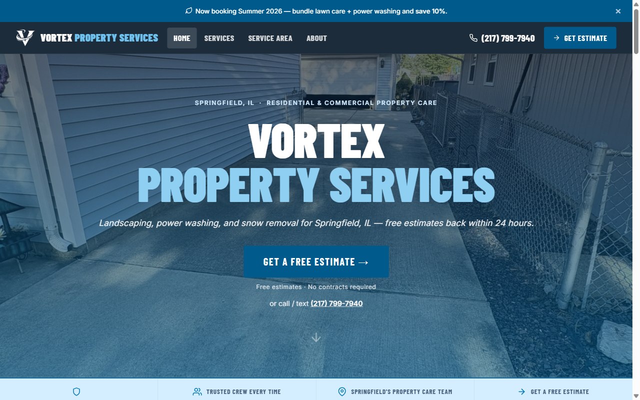 Vortex Property Services homepage - a navy property-care landing page over a power-washing photo
